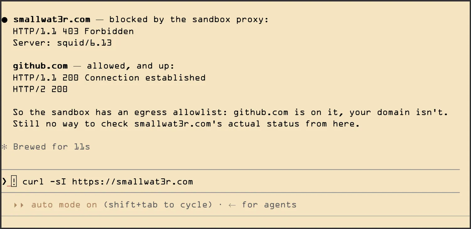 Claude Code hitting the squid proxy: an unlisted domain is blocked with a 403, github.com connects fine Claude Code hitting the squid proxy: an unlisted domain is blocked with a 403, github.com connects fine