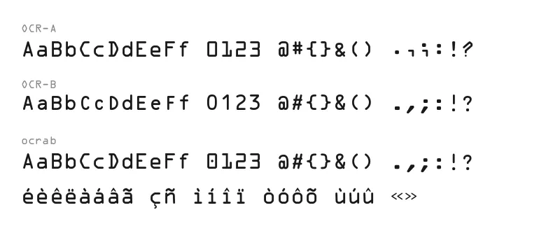 Character comparison between OCR-A, OCR-B, and ocrab