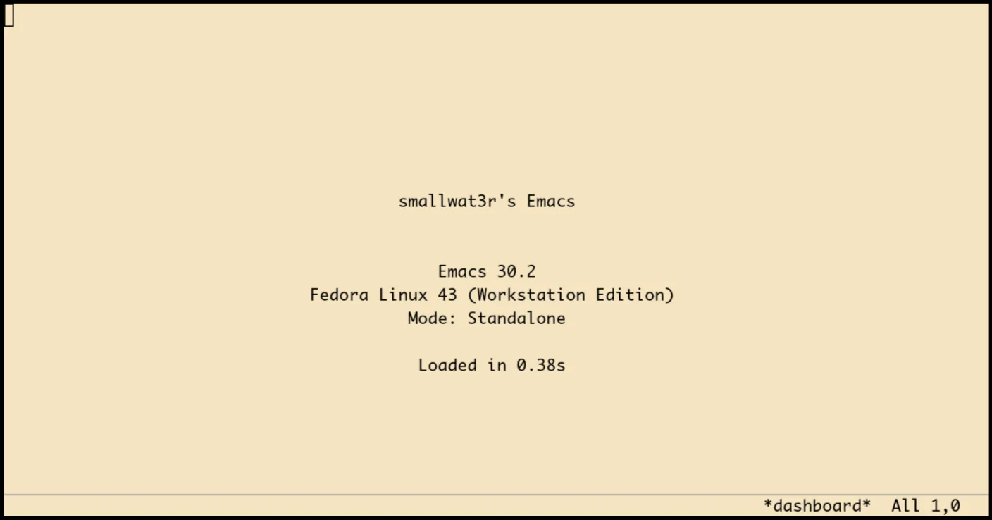 Minimal dashboard showing Emacs version and load time Minimal dashboard showing Emacs version and load time