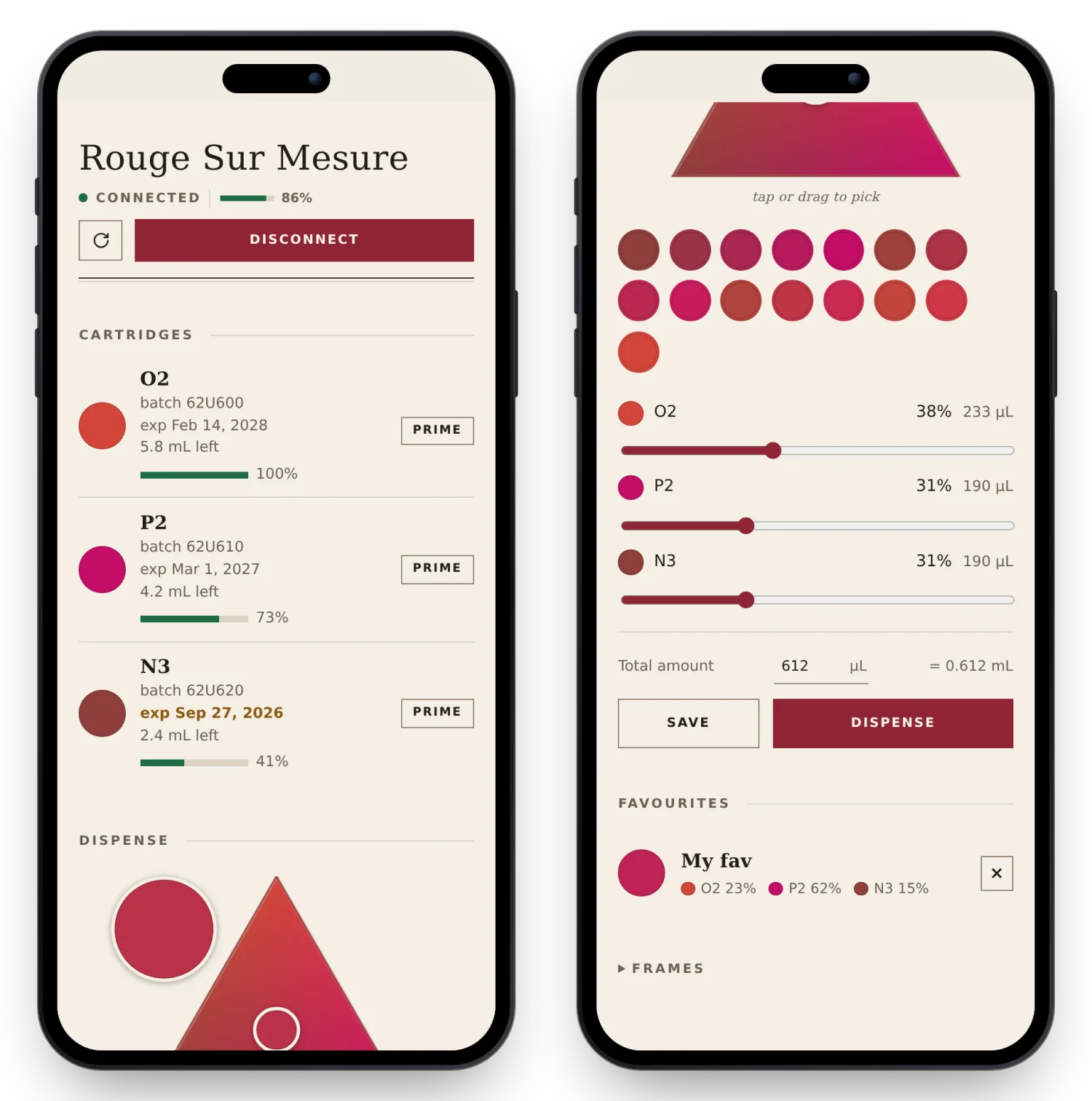 The control page at phone size, cartridge status on the left, colour picker, sliders and favourites on the right